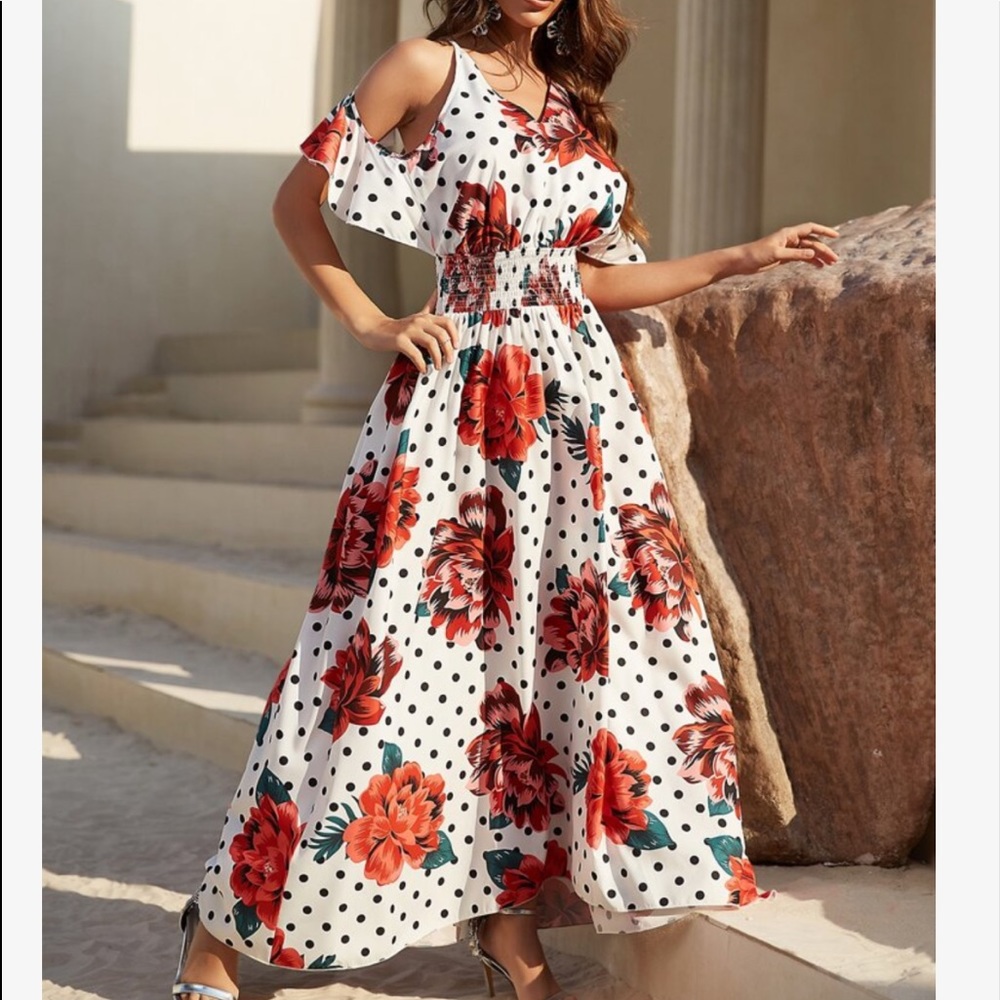 Polka Dot Floral Print Cold Shoulder Shirred Backless Cottagecore Maxi Dress - Picture 2 of 11